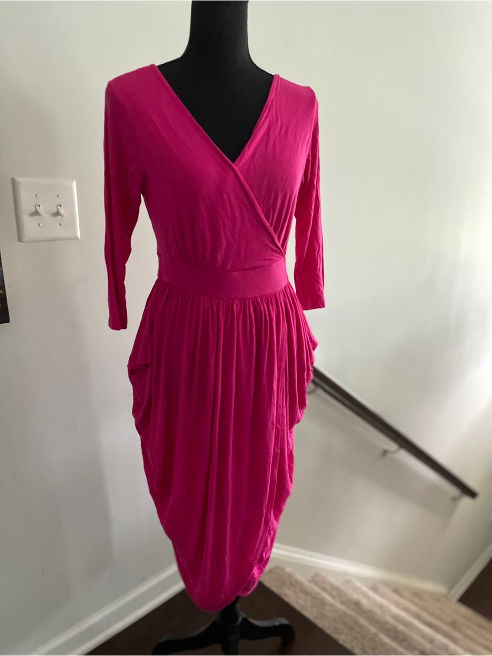 Semi-formal Long Sleeved Faux Wrap Dress Size M Fuschia Asymmetrical Fitted